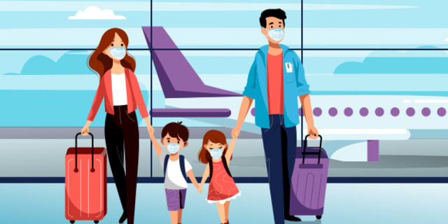 cartoon depiction of a family wearing masks rolling their luggage in an airport