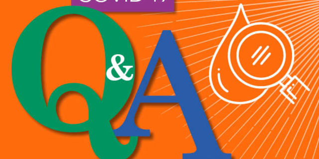 Covid Q&A graphic showing a blood droplet and a magnifying glass