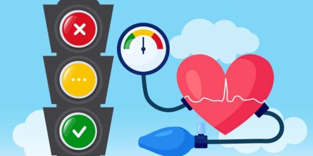 cartoon image of a stoplight alongside a blood pressure cuff
