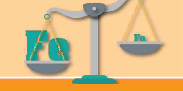 A graphic showing a scale weighing a lot of iron and a little iron