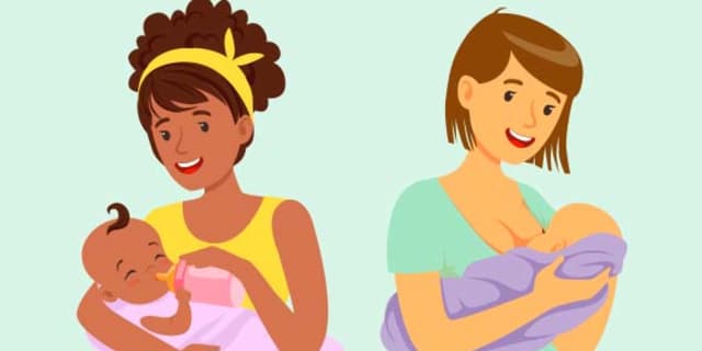 Illustration of two women, one breastfeeding and one bottle feeding