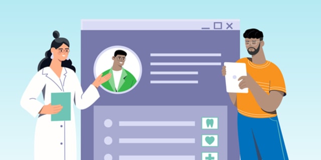 A graphic showing a checklist with a doctor and a patient