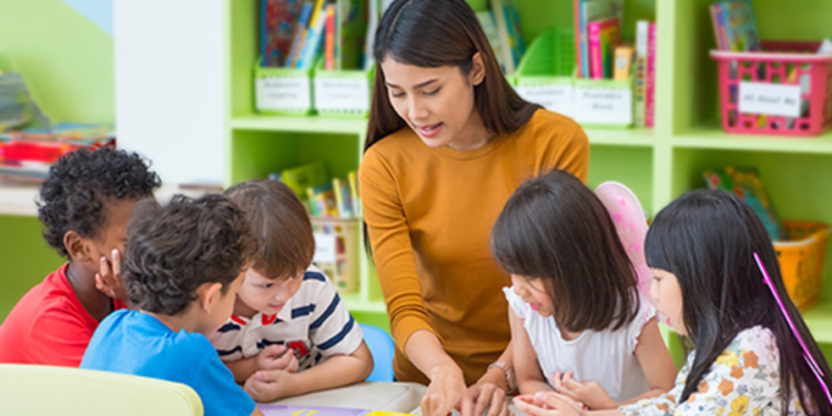 Photos of a classroom setting with a diverse group of young children sitting around a table while the teacher reads from a book