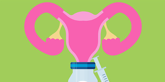 illustration of female reproductive system with vaccine vial