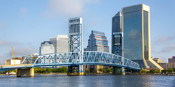 View of the bridge in downtown Jacksonville, FL along the St. Johns River