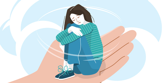 graphic of a teenage girl looking sad and sitting with her legs pulled up and arms around her knees. The girl is sitting in an outstretched hand with a blue background.