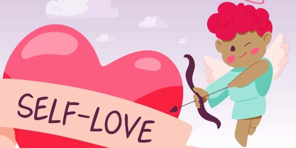 illustration of cupid sending an arrow into a large heart that says self-love