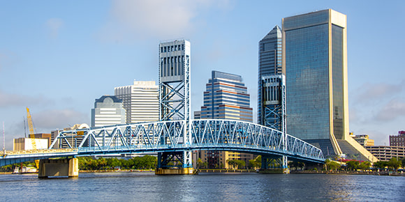 View of the bridge in downtown Jacksonville, FL along the St. Johns River