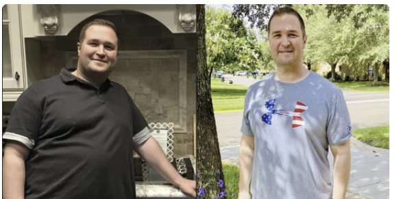 left side of photo shows an overweight man smiling, and the right side of the photo shows him after losing a lot of weight after finding a long-term weight loss solution in bariatric surgery.