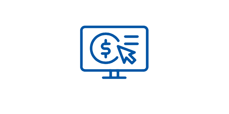 icon of a computer monitor that has a mouse arrow and a dollar sign on it