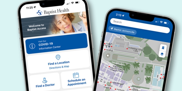 two smart phones that show the Baptist Access app home screen and a Baptist location map