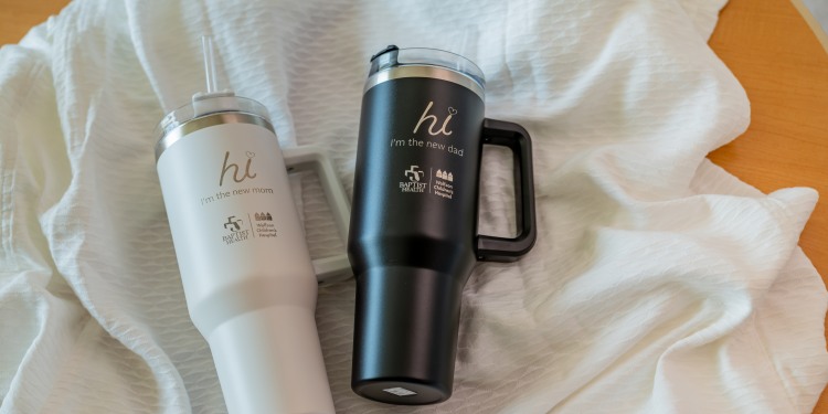 stainless steel water bottles with "hi i'm the new mom" or "hi i'm the new dad"