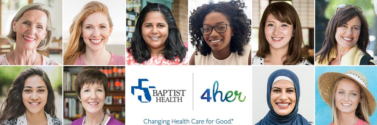 Collage of headshots of diverse women smiling with the Baptist Health and 4her logo in the middle