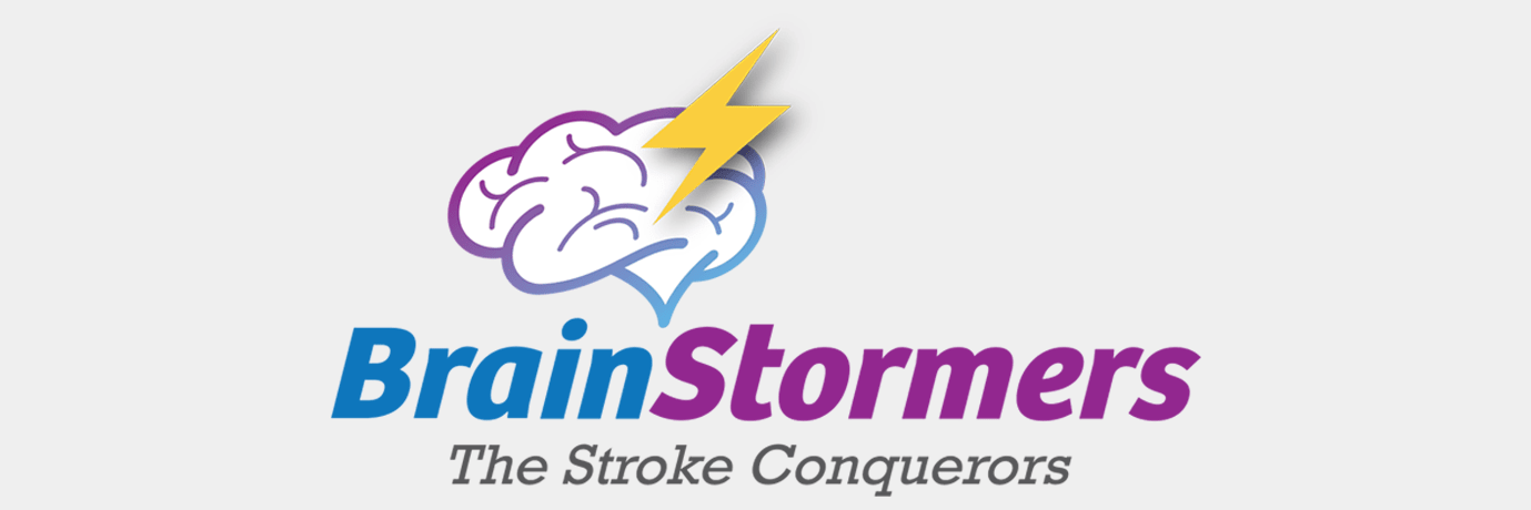 Brain Storms stroke support group logo featuring an illustration of a brain with a lightening bolt on top.