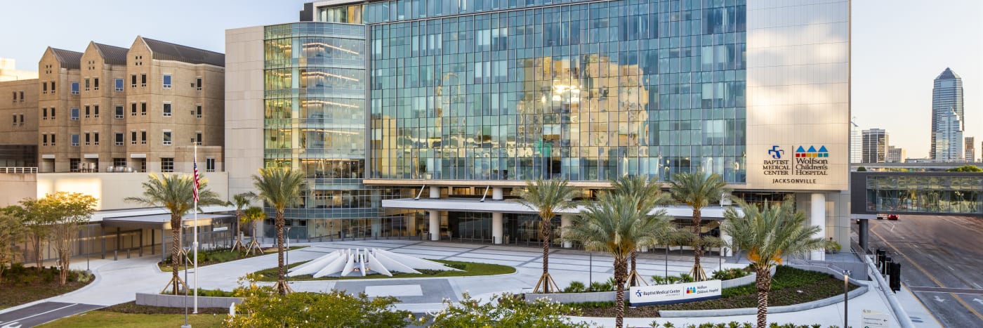exterior photograph of the wolfson chidlren's critical care tower on a sunny day