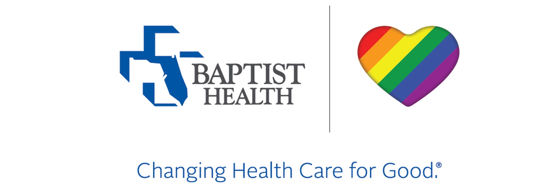Baptist Health Logo with pride rainbow heart and tagline: changing health care for good