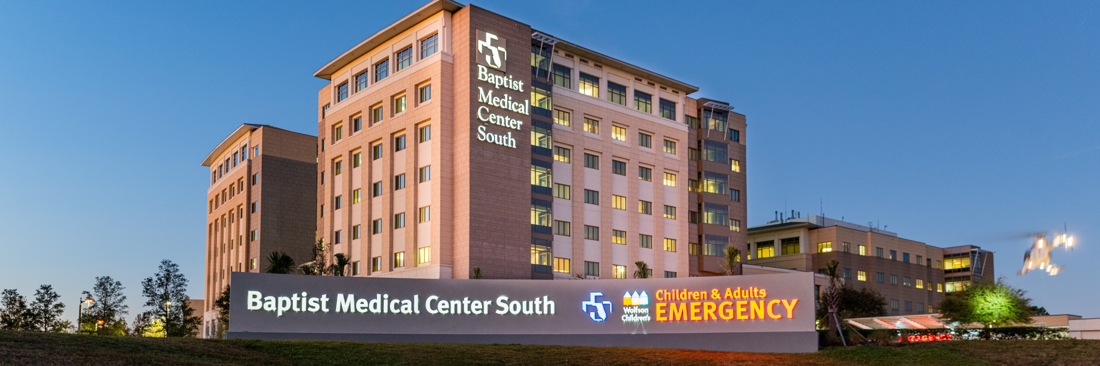 exterior shot of Baptist Medical Center South at dusk