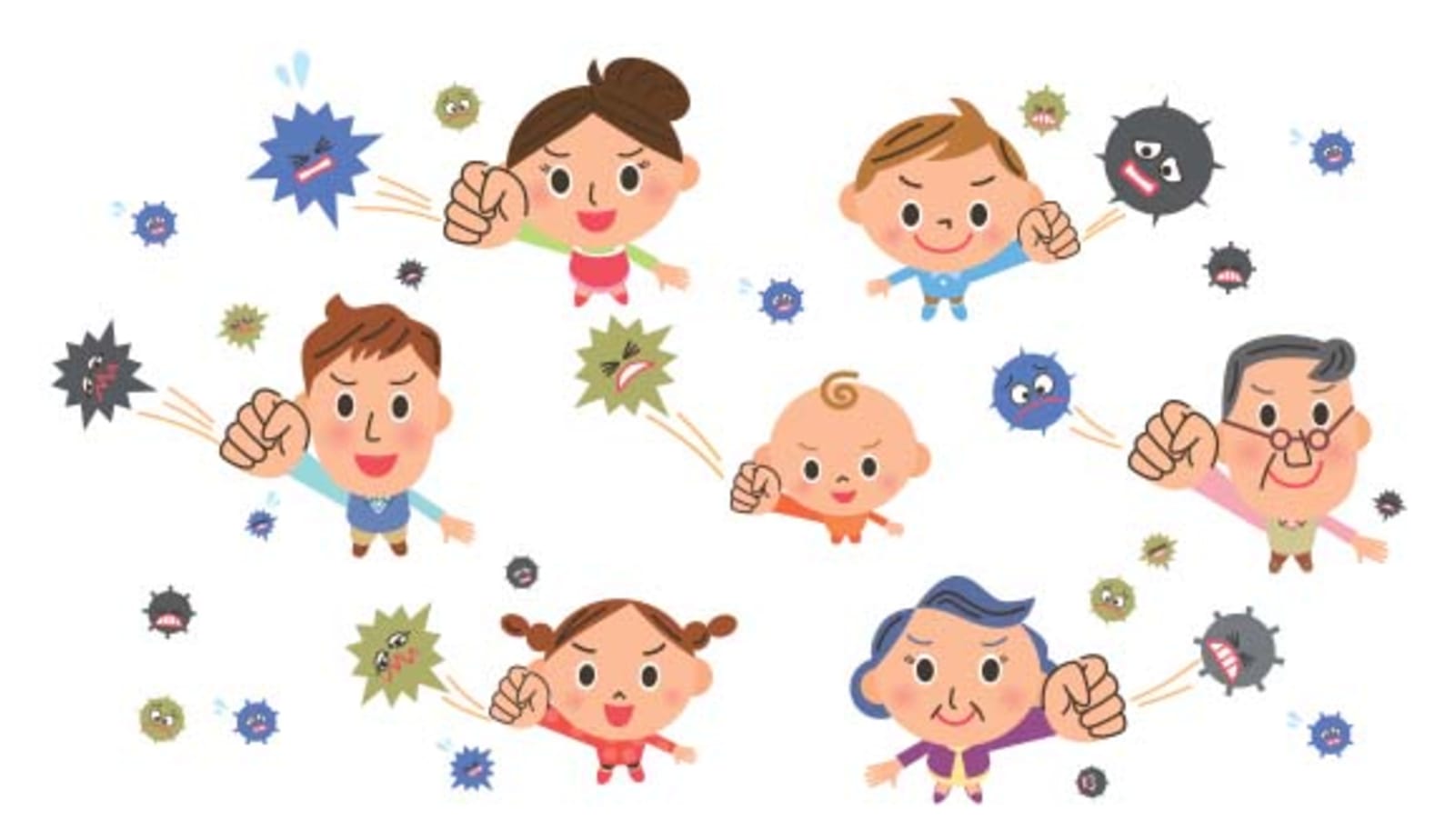 Cartoon of the "flu fighters" fighting off germs associated with the flu