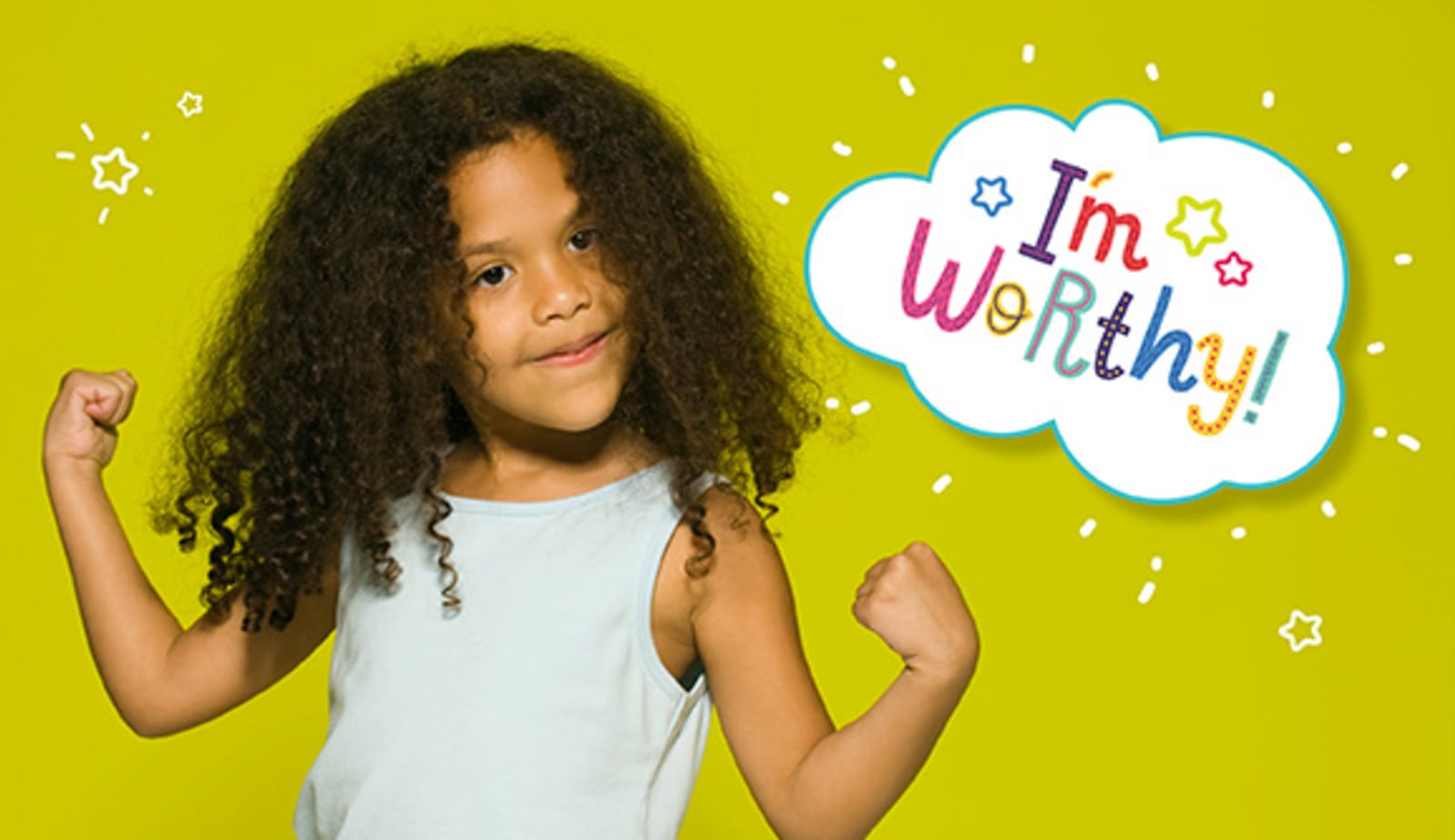 little girl flexing her muscles in front of a green background with a speech bubble that says "I'm worthy"