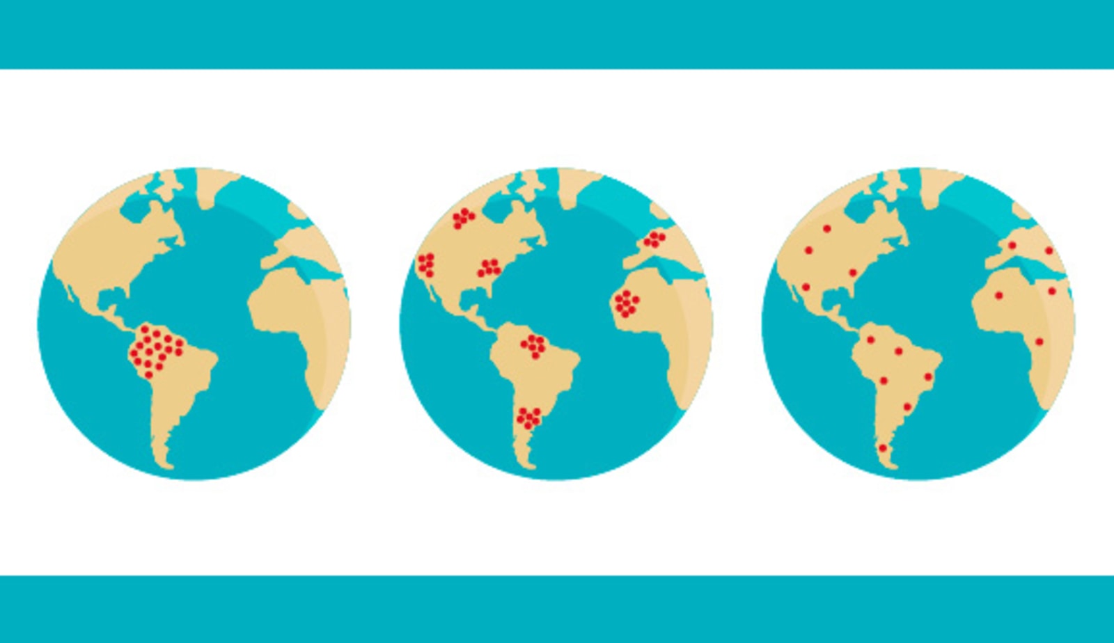 three images of globes with red dots depicting endemics, pandemics and epidemics