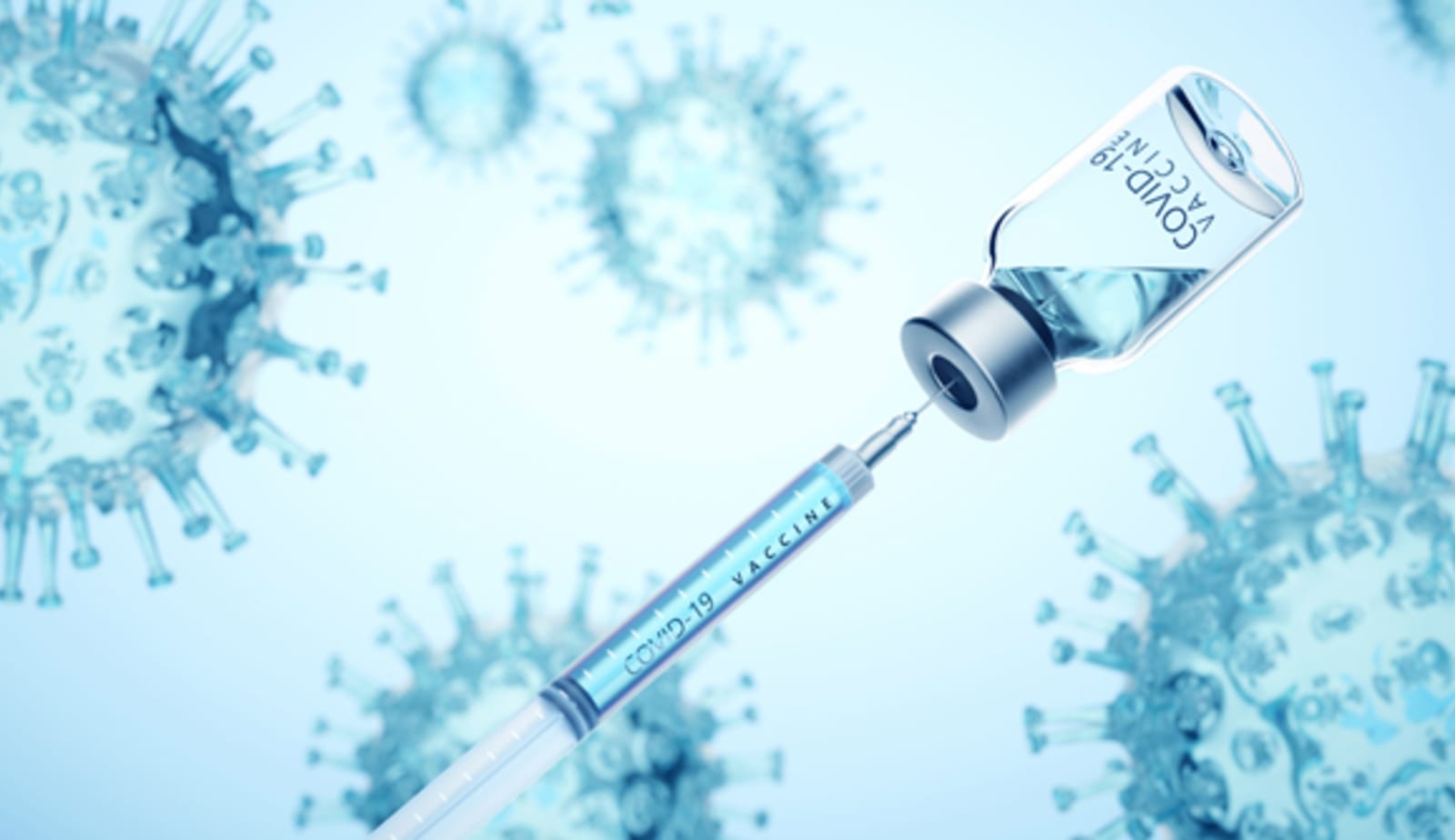 Photograph of a needle entering a bottle filled with fluid. The picture represents a new vaccine, with the needle enterering the glass bottle. 