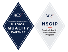 Blue diamond badge award reading "ACS - American College of Surgeons - Surgical Quality Partner" and gray diamond badge award reading "ACS - NSQIP - Surgical Quality Improvement Program"