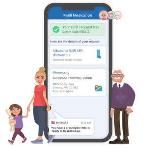 graphic of the my baptist chart home screen on a phone surrounded by cartoon graphics of a mom with her child and elderly parent.
