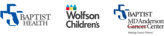 three graphic logos for Baptist Health, Wolfson Children's Hospital, and Baptist MD Anderson Cancer Center.