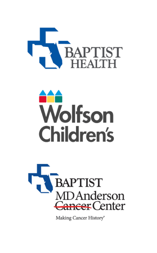stacked logos for Baptist Health, Wolfson Chridlren's and Baptist MD Anderson
