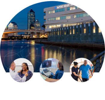 photograph of the baptist heart hospital in downtown jacksonville on the river, along with inset images of patients and doctors.