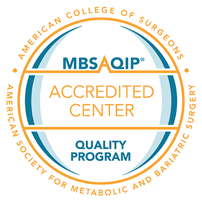 teal and orange MBSAQIP seal that says "American College of Surgeons - American society for metabolic and bariatric surgery - MBSAQIP - Accredited Center - Quality Program"