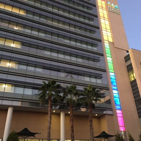 Baptist building exterior with rainbow lights down the side