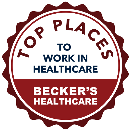 maroon and white award badge that says "Top Places to Work in Healthcare - Becker's Healthcare"