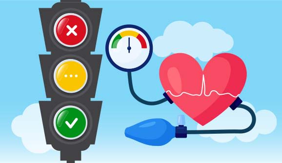 cartoon image of a stoplight alongside a blood pressure cuff