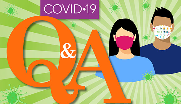 illustration of COVID-19 Q&A with man and woman wearing face masks