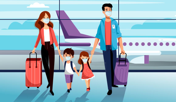 cartoon depiction of a family wearing masks rolling their luggage in an airport