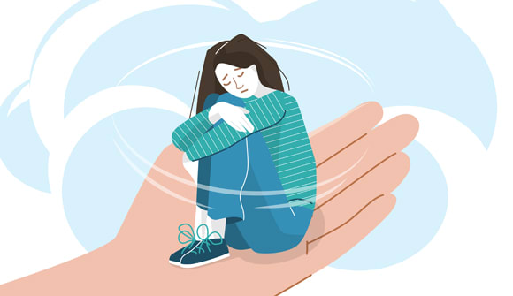 graphic of a teenage girl looking sad and sitting with her legs pulled up and arms around her knees. The girl is sitting in an outstretched hand with a blue background.