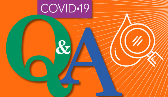 Covid Q&A graphic showing a blood droplet and a magnifying glass