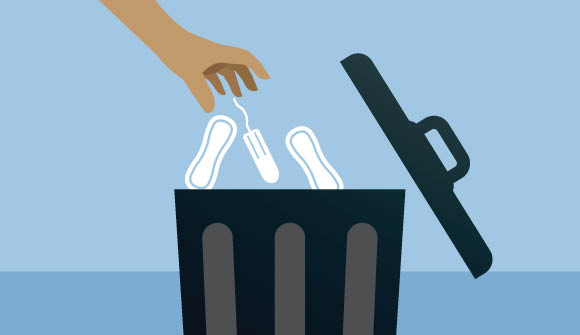 illustration of a hand throwing tampons and pads into a trash can