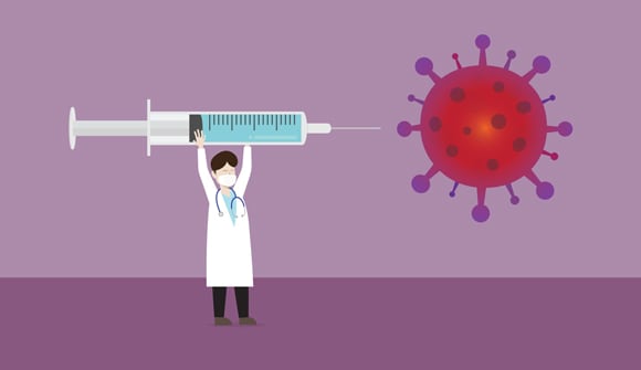 illustration of physician with giant syringe going to COVID virus