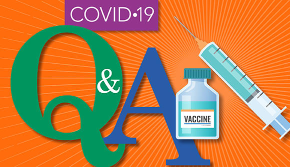 COVID-19 Q&A graphic with a vaccine vial and needle