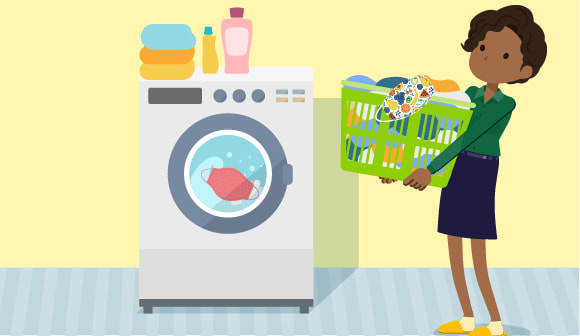 A graphic of a woman doing laundry including reusable masks