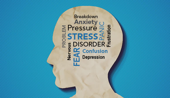 graphic of a silhouette of a human head against a blue background with the following words written inside the head: breakdown, anxiety, pressure, stress, problem, nervous, fear, disorder, confusion, depression, panic, frustration,