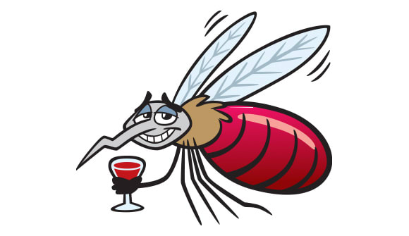 cartoon depiction of a mosquito holding a glass goblet filled with blood