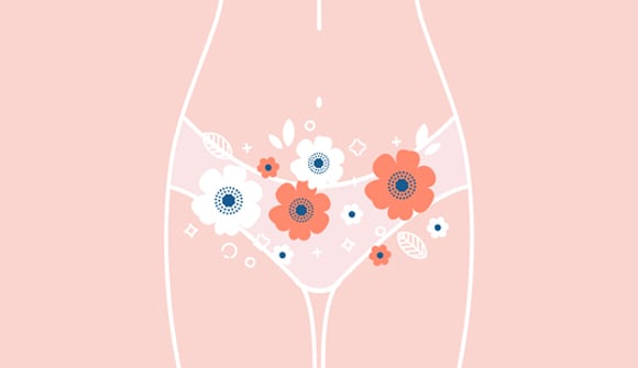 graphic depiction of a woman in underwear with flowers all over them