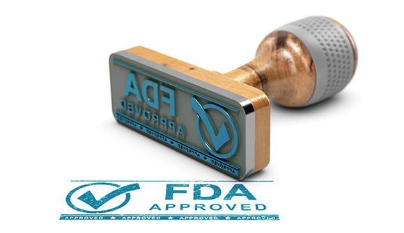3D illustration of rubber stamp with the text FDA approved over white background.