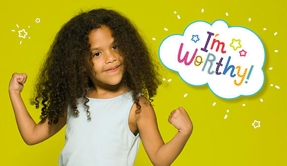 little girl flexing her muscles in front of a green background with a speech bubble that says "I'm worthy"