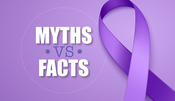 image of "myths vs facts" text with purple pancreatic cancer ribbon