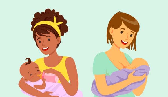 Illustration of two women, one breastfeeding and one bottle feeding