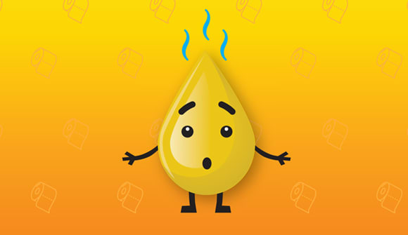 cartoon mage of a yellow pee droplet with a face and arms